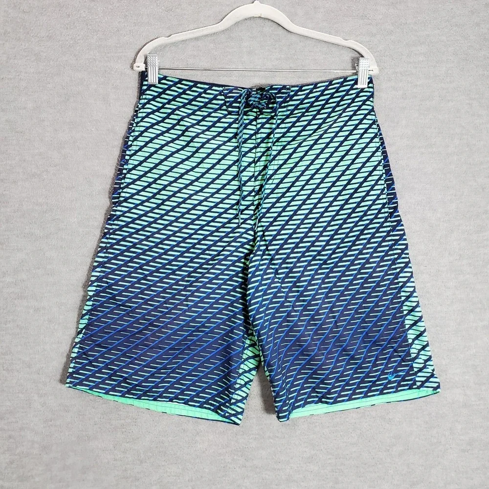 Nike Men Swimwear Medium Blue Geometric Trunks Logo Outdoor Beach Surf